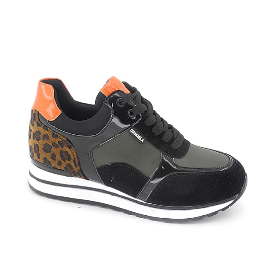 Mujer D'ANGELA | Sneaker Negra Talon Naranja Y Leopardo