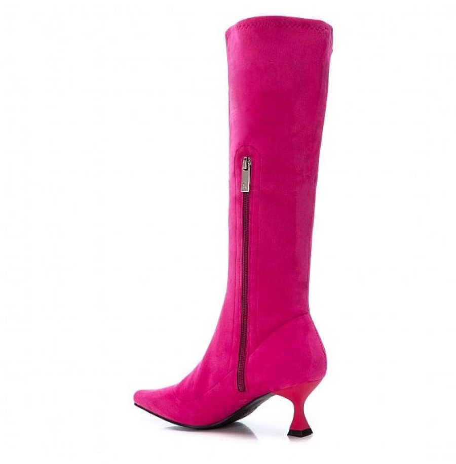 Mujer XTI Footwear | Fucsia Bota Alta Antelina Elastica Con Tacon Fino Y Punta