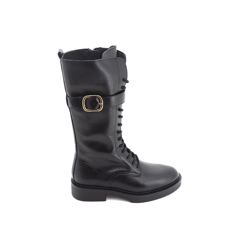 Mujer ALPE | Negra Piel Bota Militar Cordon Hebilla Alpe Vogue