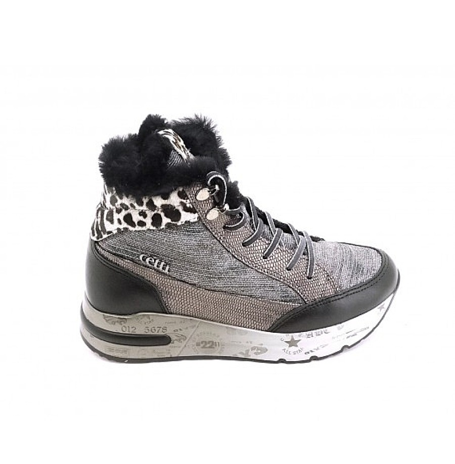 Mujer CETTI | Antracita Bota Deportiva Combi Glitter Animal Print Baracus Cetti