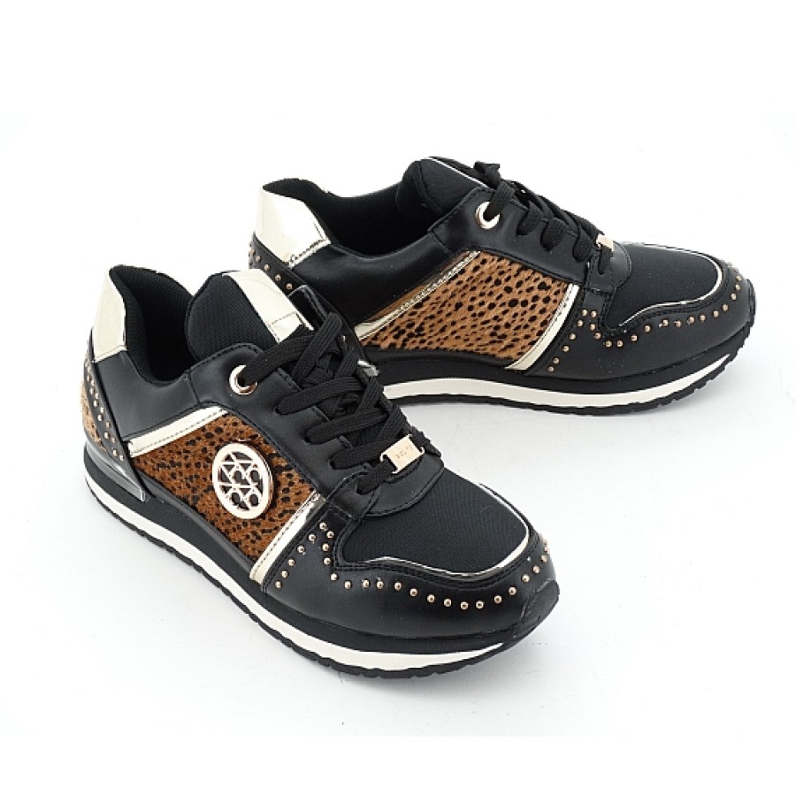 Mujer ACLYS | Sneaker Negra Con Animal Print Y Tachuelas