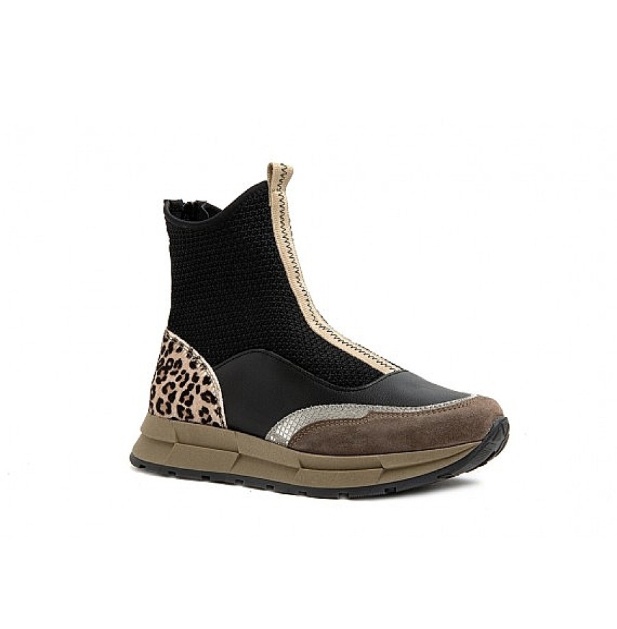 Mujer CETTI | Negro Combi Talon Leopardo Botin Cuna Cremallera