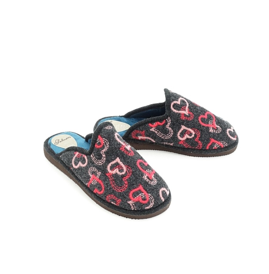 Mujer PELUSIN | Negra Zapatilla Casa Corazones Rosas Bordados