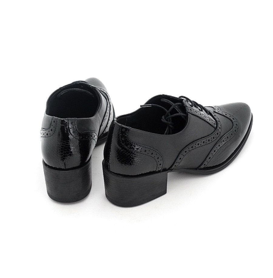 Mujer LEYLAND | Negro Zapato Piel Punta Ingles Cordones Pala Vega