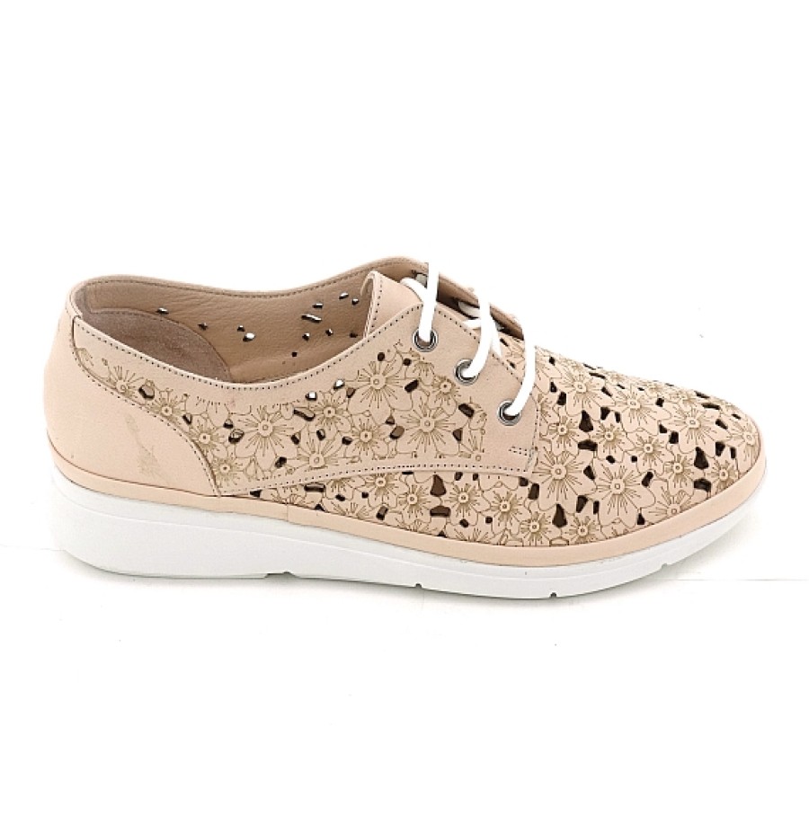 Mujer TREINTA'S | Nude Zapato Piel Cordones Laser Flores Con Plantilla