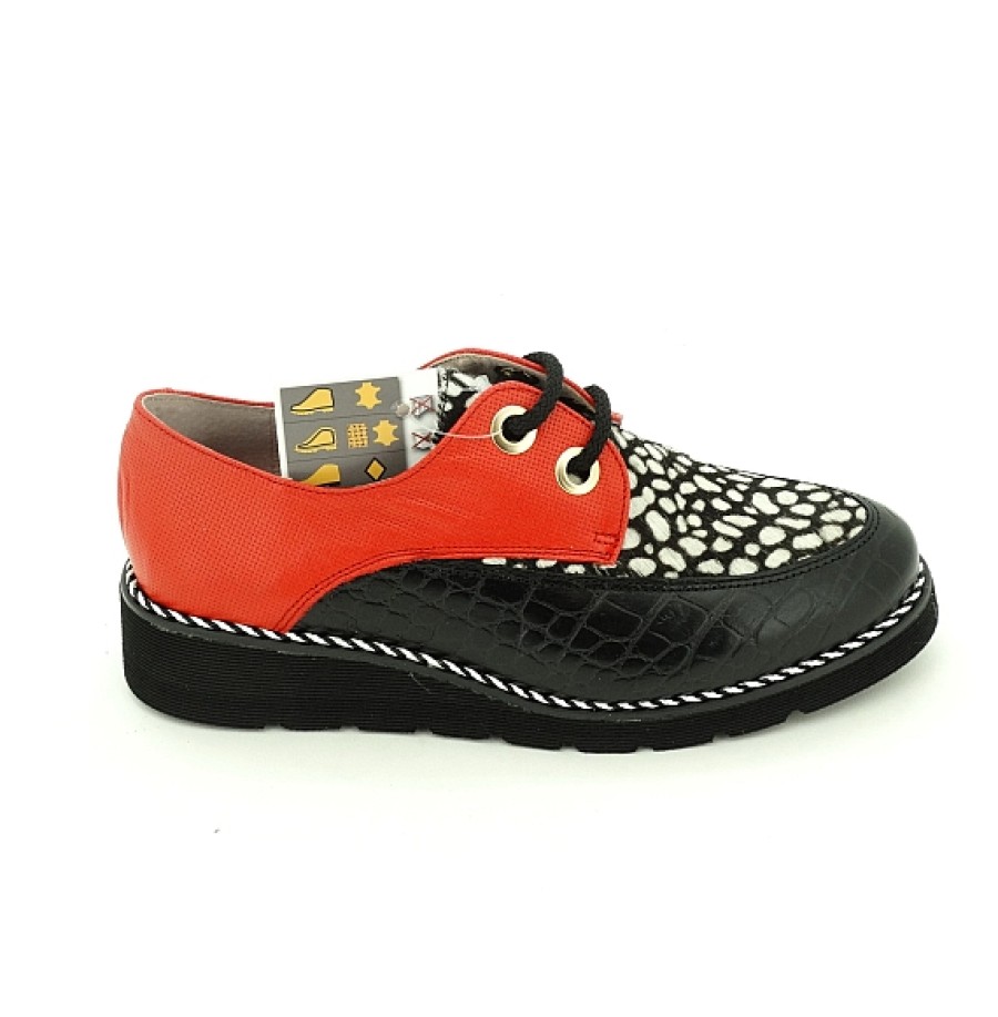 Mujer NIVAL | Negro Rojo Animal Print Zapato Cordon Ojeteros