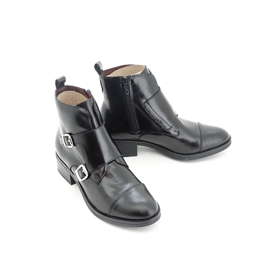 Mujer BRYAN STEPWISE | Negro Botin Piel 2 Hebillas Pieza Puntera