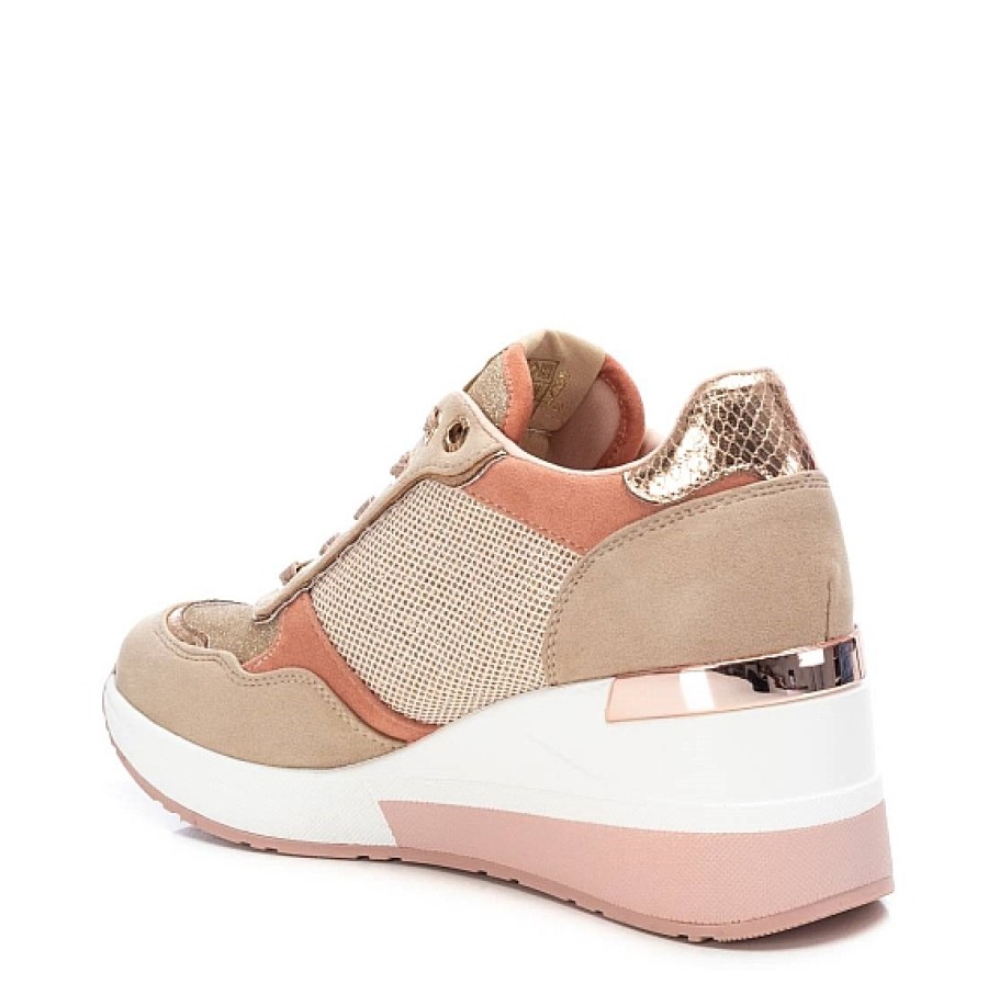 Mujer XTI Footwear | Beig Oro Sneaker Cuna Combi Glitter