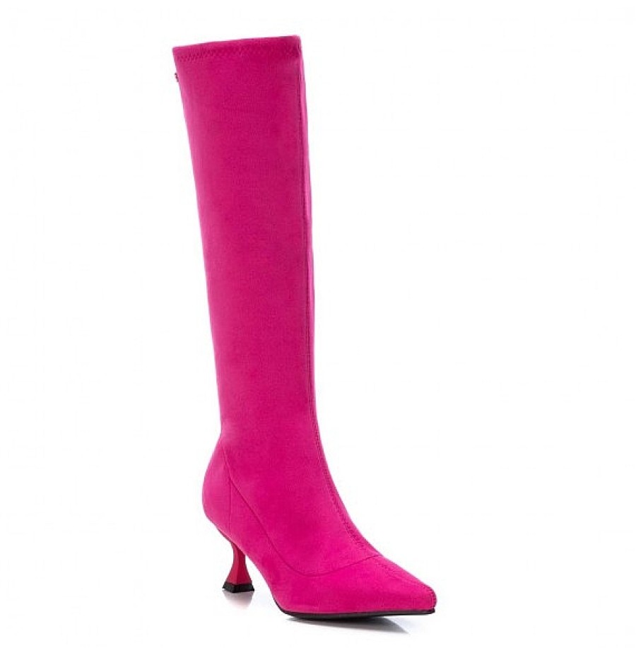 Mujer XTI Footwear | Fucsia Bota Alta Antelina Elastica Con Tacon Fino Y Punta