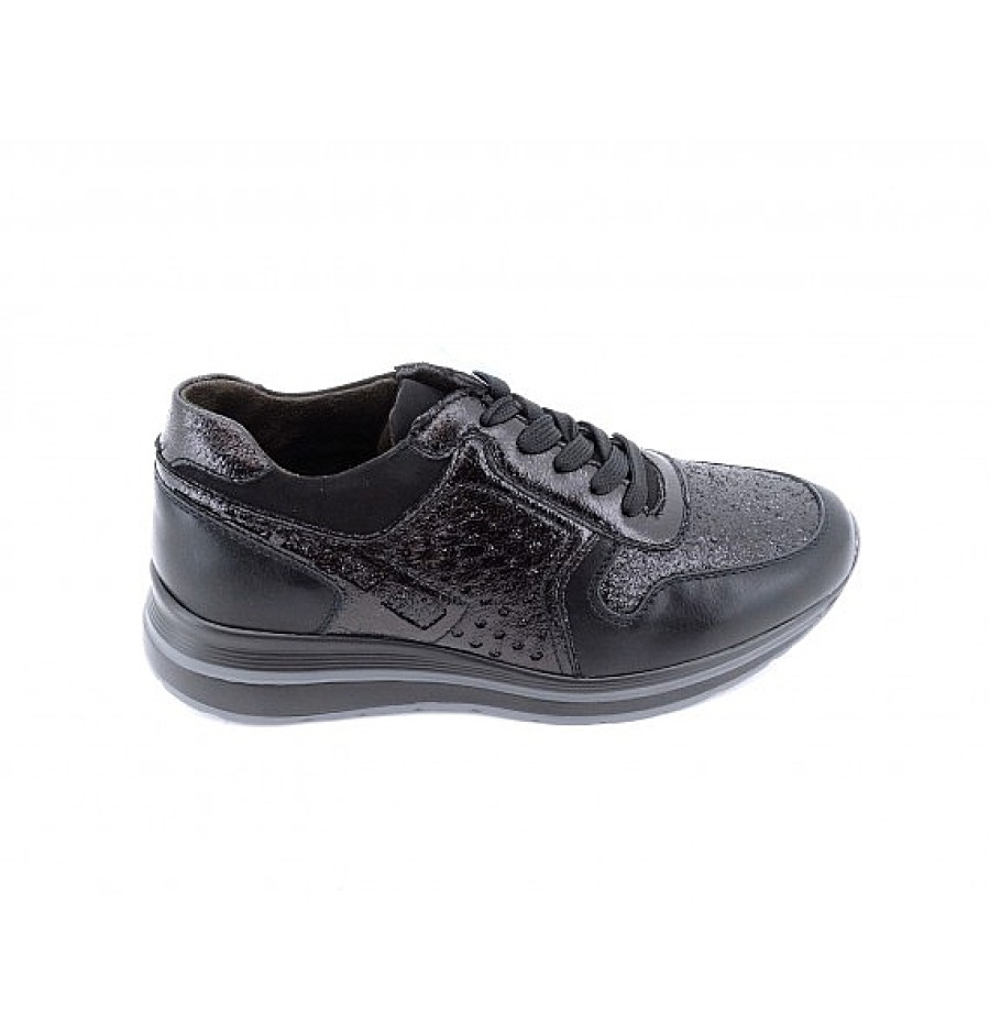 Mujer D'ANGELA | Total Black Zapatilla Deportiva Cordones Brillo