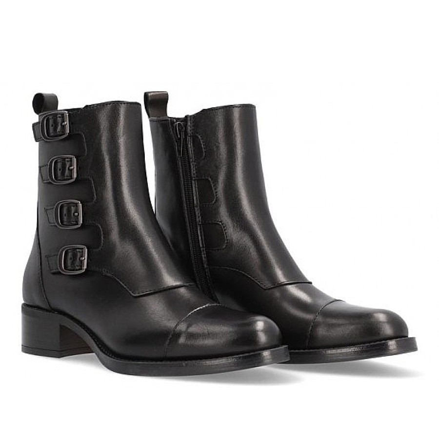 Mujer ALPE | Negro Botin Piel 4 Hebillas Alpe Alain