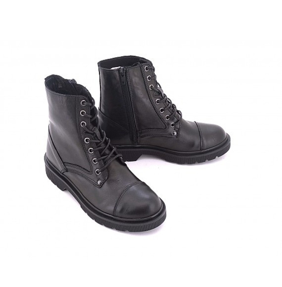 Mujer KARONTE | Negra Bota Impermeable Piel Estilo Militar Con Cordones