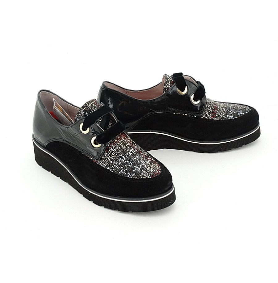 Mujer NIVAL | Negro Combi Multicolor Zapato Piel Cordones Nival