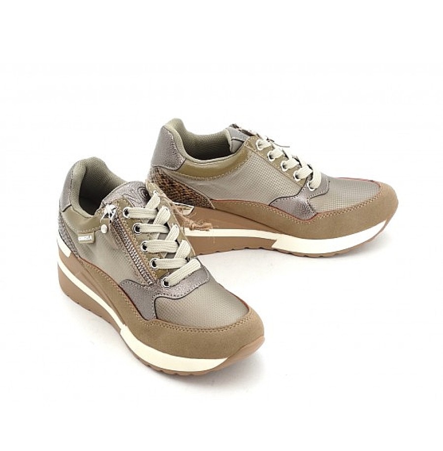 Mujer D'ANGELA | Taupe Metal Sneaker Cuna Con Cordon Y Cremallera