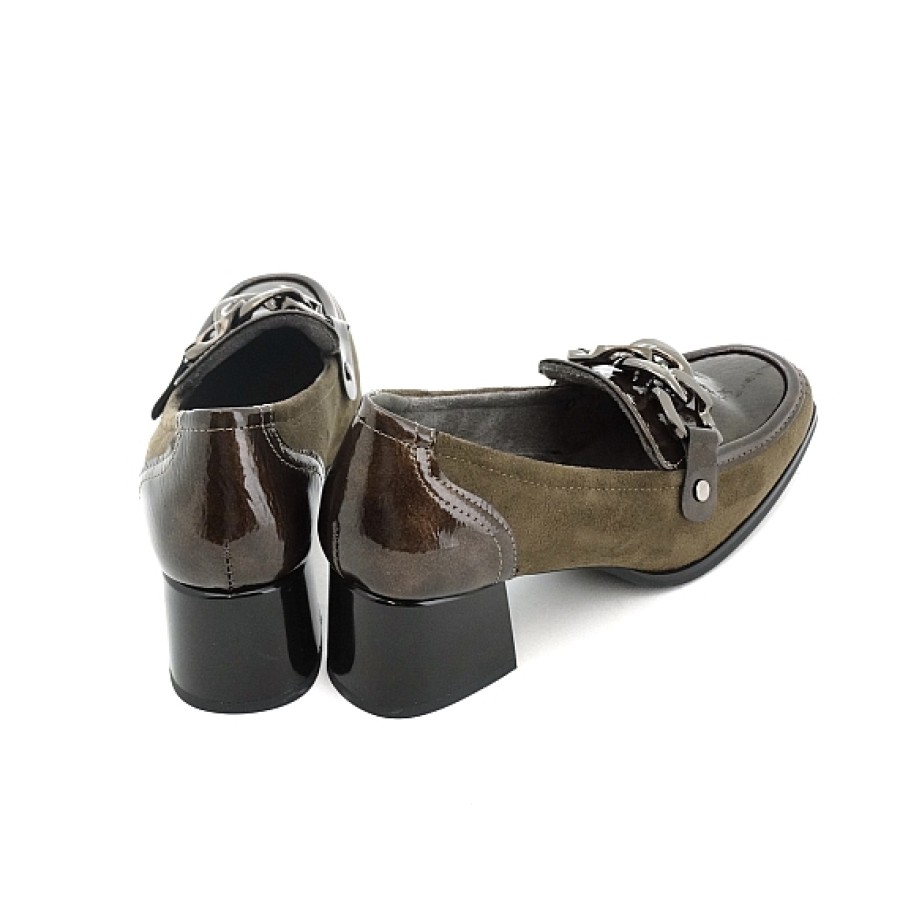 Mujer AMARPIES | Taupe Mocasin Cadena Combi Charol Tacon Ancho